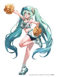 Rule 34 | 1girl, absurdres, aqua eyes, aqua hair, arm up, bandaid, bandaid on arm, bandaid on neck, banned artist, belt, black shorts, bra, commentary, copyright notice, criss-cross straps, crypton future media, frilled bra, frills, hair ornament, hair scrunchie, hand on own hip, hatsune miku, hatsune miku fashion figure, headset, highres, holding, holding pom poms, long hair, looking at viewer, miniskirt, official art, open mouth, outstretched arm, parsley-f, piapro, pleated skirt, pom pom (cheerleading), pom poms, scrunchie, second-party source, shoes, short shorts, shorts, shorts under skirt, skirt, smile, sneakers, solo, sports bra, standing, standing on one leg, taito, tiptoes, twintails, underwear, very long hair, visor cap, vocaloid, white background, white bra, white footwear, white scrunchie, white skirt