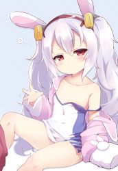 Rule 34 | 1girl, animal ears, azur lane, baku-p, blush, breasts, camisole, closed mouth, collarbone, commentary request, diagonal stripes, hair between eyes, hair ornament, hairband, highres, jacket, knee up, laffey (azur lane), long hair, long sleeves, looking at viewer, off shoulder, open clothes, open jacket, pink jacket, rabbit ears, red eyes, red hairband, red skirt, sidelocks, silver hair, sitting, skirt, skirt around one leg, sleeves past fingers, sleeves past wrists, small breasts, solo, strap slip, striped, striped background, twintails, very long hair, white camisole