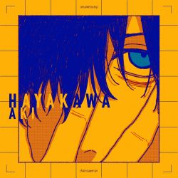 Rule 34 | 1boy, blue theme, border, chainsaw man, character name, grid background, hair over eyes, hair over one eye, hayakawa aki, head only, highres, holding head, izumi (kisshot1126), limited palette, looking to the side, solo, yellow theme