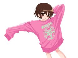 Rule 34 | 1girl, absurdres, blush stickers, brown eyes, brown hair, gishiki (gshk), hand up, highres, kill me baby, long sleeves, looking at viewer, merchandise, oribe yasuna, oversized clothes, parted lips, pentagram, pink sweater, satan (mythology), short hair, simple background, sleeves past fingers, sleeves past wrists, solo, standing, stretching, sweater, white background