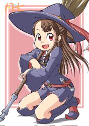 Rule 34 | belt, bonsichi, boots, border, broom, brown hair, dress, full body, hat, highres, kagari atsuko, knee boots, kneeling, little witch academia, long hair, looking at viewer, luna nova school uniform, open mouth, outside border, pink background, purple dress, purple footwear, red belt, red eyes, school uniform, simple background, teeth, upper teeth only, white border, wide sleeves, witch hat