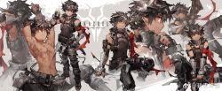 Rule 34 | 1boy, arknights, brown hair, demon boy, demon horns, demon tail, english text, fingerless gloves, gloves, highres, holding, holding sword, holding weapon, horns, looking at viewer, muscular, muscular male, odda (arknights), one eye closed, orange eyes, pointy ears, scorpion5050, solo, sweat, sword, tail, topless male, weapon