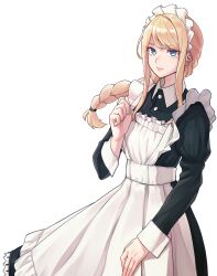 Rule 34 | 1girl, apron, black dress, blue eyes, blush, braid, dress, french braid, frilled apron, frills, highres, long hair, long sleeves, maid, maid apron, maid headdress, nose blush, one eye closed, open mouth, original, parted bangs, puffy long sleeves, puffy sleeves, saliva, simple background, solo, sweat, swept bangs, tongue, tongue out, transparent background, uso ashio, white apron, wince
