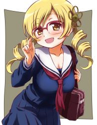 Rule 34 | 1girl, adjusting eyewear, bag, bespectacled, blonde hair, blouse, blue shirt, blue skirt, breasts, carrying, cleavage, commentary request, drill hair, glasses, grey background, hair ornament, highres, inoue kouji, large breasts, leaning forward, long hair, looking at viewer, magia record: mahou shoujo madoka magica gaiden, mahou shoujo madoka magica, mahou shoujo madoka magica (anime), neckerchief, open mouth, outside border, over-rim eyewear, pleated skirt, red-framed eyewear, red neckerchief, sailor collar, school bag, school uniform, semi-rimless eyewear, serafuku, shirt, simple background, skirt, smile, solo, textless version, tomoe mami, twin drills, twintails, white sailor collar, yellow eyes