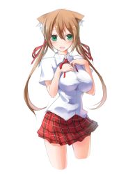 Rule 34 | 1girl, animal ears, breasts, brown hair, cowboy shot, cropped legs, green eyes, hair ribbon, impossible clothes, impossible shirt, large breasts, long hair, open mouth, original, plaid, plaid skirt, ribbon, school uniform, shirt, sketch, skirt, solo, twintails, zenn