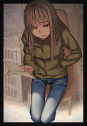 Rule 34 | 1girl, armpits, black border, book, border, brown eyes, brown hair, chair, closed mouth, clothes writing, coat, collarbone, cropped legs, denim, english text, expressionless, green coat, hand in pocket, heart, highres, holding, holding book, industrial pipe, jitome, kudiramochi, long hair, long sleeves, looking at viewer, on chair, open book, original, poster (object), sanpaku, sitting, smile, solo, thigh gap, unbuttoned, unfinished