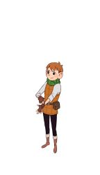 Rule 34 | 1boy, :/, blush, boots, brown theme, chilchuck tims, dungeon meshi, full body, gloves, halfling, keltbh, light frown, long sleeves, looking ahead, male focus, pants, short hair, sideways glance, solo, standing, tachi-e