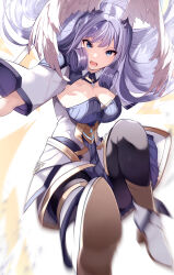 Rule 34 | 1girl, absurdres, black pantyhose, blue eyes, breasts, dress, grey hair, head wings, highres, large breasts, long hair, long sleeves, melia antiqua, motion blur, open mouth, pantyhose, risumi (taka-fallcherryblossom), short dress, solo, wings, xenoblade chronicles (series), xenoblade chronicles 3
