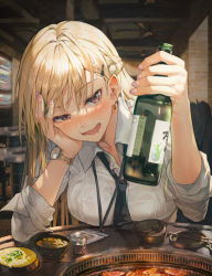 Rule 34 | 1girl, alcohol, black necktie, blonde hair, blurry, blurry background, bottle, braid, breasts, drooling, drunk, food, hair ornament, hairclip, highres, holding, holding bottle, huwari (dnwls3010), id card, indoors, lanyard, long hair, looking at viewer, medium breasts, necktie, office lady, open mouth, original, red eyes, shirt, soju, watch, wavy mouth, white shirt