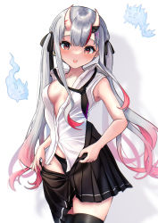 Rule 34 | 1girl, black panties, collar, earrings, grey hair, hair ribbon, highres, hololive, horns, jewelry, long hair, multicolored hair, nakiri ayame, nakiri ayame (streetwear), necktie, no bra, oni, open clothes, open mouth, open shirt, panties, red eyes, red hair, ribbon, shirt, simple background, skin-covered horns, skirt, sleeveless, sleeveless shirt, streaked hair, terra bose, thigh strap, thighhighs, thighs, twintails, unbuttoned, unbuttoned shirt, underwear, virtual youtuber, white background, zettai ryouiki