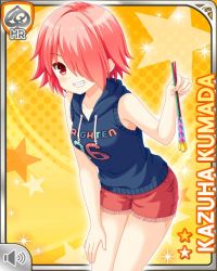 Rule 34 | 1girl, bare arms, card (medium), character name, closed mouth, earrings, fireworks, girlfriend (kari), hood, hood down, hoodie, jewelry, kumada kazuha, looking at viewer, matching hair/eyes, official art, qp:flapper, red eyes, red hair, red shorts, shirt, short hair, shorts, smile, tagme, yellow background