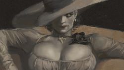 Rule 34 | alcina dimitrescu, breasts, cleavage, dress, earrings, flower, glowing, glowing eye, hat, highres, jewelry, lipstick, looking at viewer, makeup, necklace, pearl necklace, resident evil, resident evil village, rose, serious, sitting, solo, sun hat, vale lacroix, vampire