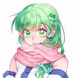 Rule 34 | 1girl, :o, bad id, bad twitter id, bare shoulders, breasts, breath, cold, eyelashes, face, frog hair ornament, green eyes, green hair, hair ornament, hair tubes, highres, kochiya sanae, long hair, medium breasts, nontraditional miko, open mouth, pink scarf, scarf, sibata maru, simple background, snake hair ornament, touhou, vest, white background, white sleeves, white vest