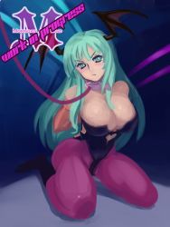 Rule 34 | 1girl, arms behind back, bare shoulders, bdsm, blush, bondage, boots, bound, breasts, capcom, character name, cleavage, collar, demon girl, elbow gloves, english text, gloves, green eyes, green hair, head tilt, head wings, large breasts, leash, leotard, long hair, matching hair/eyes, morrigan aensland, pantyhose, purple pantyhose, seiza, sitting, solo, unfinished, vampire (game), viewer holding leash, wings, zero hime