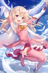 Rule 34 | 1girl, :d, blue sky, blush, boots, cloud, cloudy sky, commentary, day, detached sleeves, fate/kaleid liner prisma illya, fate (series), gloves, hair between eyes, head tilt, head wings, hitsukuya, holding, holding wand, illyasviel von einzbern, light brown hair, long hair, long sleeves, looking at viewer, magical ruby, open mouth, outdoors, outstretched arms, pink shirt, prisma illya, red eyes, shirt, skirt, sky, sleeveless, sleeveless shirt, smile, solo, thigh boots, thighhighs, two side up, very long hair, wand, white footwear, white gloves, white skirt, white thighhighs, white wings, winged footwear, wings