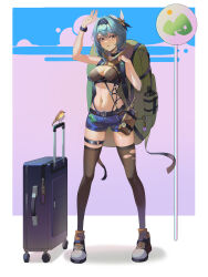 Rule 34 | 1girl, absurdres, alternate costume, arm up, backpack, bag, bare arms, bare shoulders, belt, bird, black belt, black choker, black hairband, black thighhighs, blue hair, blue shorts, breasts, choker, cleavage, commentary request, crop top, eula (genshin impact), full body, genshin impact, hairband, highres, large breasts, lingdu han, looking at viewer, midriff, navel, parted lips, rolling suitcase, shadow, shoes, short hair, short shorts, shorts, sneakers, solo, standing, stomach, suitcase, thigh strap, thighhighs, thighs, yellow eyes