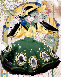 Rule 34 | 1girl, animal, black hat, blue flower, blue rose, bug, butterfly, buttons, collared shirt, corded phone, diamond button, feet out of frame, flower, frilled shirt collar, frilled skirt, frilled sleeves, frills, green eyes, green hair, green skirt, hat, hat ribbon, heart, heart of string, highres, insect, komeiji koishi, long sleeves, open mouth, phone, ribbon, ringocha, rose, shirt, short hair, skirt, smile, solo, third eye, touhou, wide sleeves, yellow ribbon, yellow shirt