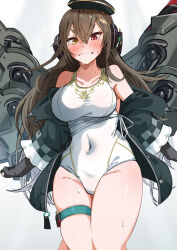 Rule 34 | 1girl, absurdres, black headwear, black jacket, blush, brown hair, covered navel, cowboy shot, embarrassed, ert raitsui, girls&#039; frontline, hair ornament, headphones, heterochromia, highres, impossible clothes, impossible swimsuit, jacket, m1014 (girls&#039; frontline), off shoulder, one-piece swimsuit, open clothes, open jacket, parted lips, red eyes, shotgun shell, solo, straight-on, sweat, swimsuit, teeth, thigh strap, white background, white swimsuit, x hair ornament, yellow eyes