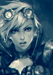 Rule 34 | 1girl, choker, chromatic aberration, earrings, goggles, hoyhoykung, jewelry, league of legends, lips, nose piercing, piercing, short hair, solo, tattoo, vi (league of legends)