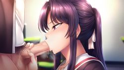 Rule 34 | 1girl, :&gt;=, aiue oka, blurry, blurry background, blush, bottomless, censored, embarrassed, fellatio, from side, game cg, head out of frame, high ponytail, himemiya tsukino, indoors, legs, long hair, male pubic hair, mosaic censoring, one side up, oral, original, penis, pink eyes, pubic hair, purple hair, saimin gakushuu -secret desire-, school uniform, sitting, standing, thighs, upper body