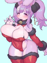 Rule 34 | animal ears, animal nose, bare shoulders, bell, blush, bra strap, breasts, cleavage, covered navel, detached collar, detached sleeves, fur trim, furry, furry female, highres, huge breasts, leotard, original, pink eyes, purple fur, purple hair, rabbit ears, rabbit girl, red leotard, rikose, simple background, skindentation, strap pull, thighhighs, twintails