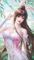 Rule 34 | 1girl, absurdres, animal ears, arm up, breasts, brown hair, douluo dalu, dress, hair ornament, hand in own hair, head tilt, hei yu xing cheng, highres, leaf, long hair, looking at viewer, medium breasts, parted lips, pink dress, pink eyes, ponytail, rabbit ears, second-party source, solo, teeth, upper body, water, xiao wu (douluo dalu)