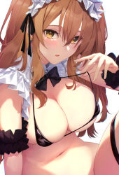 Rule 34 | 1girl, anza tomo, bare shoulders, bikini, black bikini, blush, bow, bowtie, breasts, brown eyes, brown hair, cleavage, frills, hair ribbon, large breasts, long hair, looking at viewer, maid headdress, micro bikini, navel, open mouth, original, ribbon, sidelocks, solo, swimsuit, thighs, twintails, white background