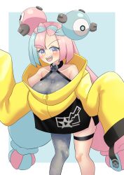 Rule 34 | 1girl, aqua hair, breasts, creatures (company), game freak, highres, iono (pokemon), large breasts, multicolored hair, nintendo, oversized clothes, pink eyes, pink hair, pokemon, pokemon sv, puffywaffles, solo, two-tone hair