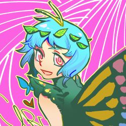 Rule 34 | 1girl, antennae, aqua hair, butterfly wings, commentary, dress, eternity larva, fairy, gretia, heart, insect wings, leaf, leaf on head, looking at viewer, looking back, multicolored clothes, multicolored dress, open mouth, orange eyes, short hair, short sleeves, sketch, smile, solo, symbol-only commentary, touhou, upper body, wings