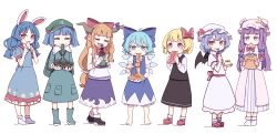 Rule 34 | 6+girls, absurdres, ahoge, alcohol, animal ears, back bow, bag, bare shoulders, barefoot, belt, black footwear, black skirt, black vest, blonde hair, blue bow, blue dress, blue eyes, blue footwear, blue hair, blue ribbon, blush stickers, boots, bottle, bow, bowl, bowtie, chips (food), cirno, closed eyes, closed mouth, collared dress, collared shirt, commentary request, crescent, crescent hat ornament, crescent print, crossed bangs, cucumber, double bun, dress, eating, fang, food, food on clothes, food on face, fork, full body, green bag, green headwear, grey belt, grey shirt, grey socks, hair between eyes, hair bobbles, hair bow, hair bun, hair ornament, hat, hat ornament, hat ribbon, highres, horns, ibuki suika, ice, ice wings, kame (kamepan44231), kawashiro nitori, ketchup, long hair, looking at viewer, looking to the side, meat, medium hair, mob cap, mochi, multiple girls, no shoes, open clothes, open dress, open mouth, orange hair, package, pasta, patchouli knowledge, pink belt, pink bow, pink dress, pink headwear, pink ribbon, plate, pocket, puffy short sleeves, puffy sleeves, purple dress, purple eyes, purple hair, purple ribbon, purple skirt, rabbit ears, rabbit tail, red bow, red bowtie, red eyes, red footwear, red ribbon, remilia scarlet, ribbon, rumia, seiran (touhou), shirt, shoes, short sleeves, short twintails, simple background, skirt, sleeveless, sleeveless shirt, smile, socks, spaghetti, standing, star (symbol), star print, striped clothes, striped dress, tail, touhou, twintails, vegetable, vest, white background, white dress, white headwear, white shirt, white socks, wings, wrist cuffs