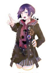 Rule 34 | 1girl, black jacket, blush, boku no hero academia, chain, cross, highres, hood, hoodie, jacket, jewelry, jirou kyouka, kingcoco5963, looking at viewer, necklace, open mouth, pin, pointing, pointing at viewer, procreate (medium), purple eyes, purple hair, short hair, signature, simple background, skirt, solo, white background
