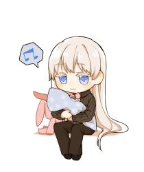 Rule 34 | 1girl, angelica (project moon), baby, black pants, good end, highres, holding baby, library of ruina, long hair, mother and child, pants, project moon, simple background, sitting, solo, stuffed animal, stuffed rabbit, stuffed toy, uncleko5, very long hair, white background, white hair