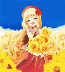 Rule 34 | 1girl, :d, absurdres, alternate hairstyle, blonde hair, blue sky, blurry, clear sky, cowboy shot, day, depth of field, dress, emilico (shadows house), field, flower, flower field, hair down, hair flower, hair ornament, happy, hat, highres, holding, holding flower, kohori, long hair, looking at viewer, nature, open mouth, outdoors, red dress, red flower, red hat, red rose, rose, shadows house, sidelocks, sky, smile, solo, sunflower, sunflower field, yellow flower