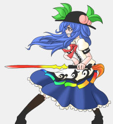 Rule 34 | 1girl, bad id, bad pixiv id, blue hair, female focus, food, fruit, full body, grey background, hat, hinanawi tenshi, long hair, peach, red eyes, simple background, solo, standing, sword, sword of hisou, tears, touhou, tsumidango, weapon