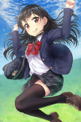 Rule 34 | 1girl, :q, arms up, bag, bag charm, black hair, black skirt, black thighhighs, blazer, blue jacket, blue sky, blurry, blush, bookbag, bow, bowtie, breasts, brown eyes, brown footwear, charm (object), cloud, collared shirt, commentary request, day, fingernails, grass, head tilt, hill, jacket, jumping, loafers, long hair, long sleeves, looking at viewer, mintol (qool+), nail polish, original, outdoors, pink nails, plaid, plaid skirt, pleated skirt, red bow, red bowtie, school bag, school uniform, shirt, shoes, skirt, sky, small breasts, solo, thighhighs, tongue, tongue out, white shirt