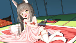 Rule 34 | 1girl, :d, :o, animal ears, arm support, azur lane, black hair, blunt bangs, blush, bowl, chopsticks, commentary request, denfunsan, egg (food), food, fox ears, futon, highres, long hair, looking at viewer, lying, nagato (azur lane), nagato (great fox&#039;s respite) (azur lane), on side, open mouth, pajamas, panties, pillow, red panties, ribbon-trimmed legwear, ribbon trim, rice, rice bowl, side-tie panties, sidelocks, smile, solo, sunny side up egg, tatami, thighhighs, tray, under covers, underwear, v-shaped eyebrows, white thighhighs, yellow eyes