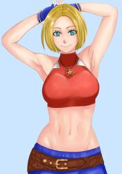 Rule 34 | 1girl, aqua eyes, armpits, arms up, blonde hair, blue mary, breasts, fatal fury, fingerless gloves, gloves, highres, large breasts, looking at viewer, midriff, navel, pants, short hair, smile, snk, the king of fighters