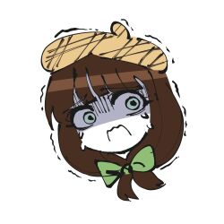 Rule 34 | 1girl, atoymk, bow, brown hair, colored skin, commentary, crying, crying with eyes open, gibberish commentary, green bow, green eyes, hair bow, hat, highres, nijiue iroha, open mouth, simple background, sketch, solo, super danganronpa another 2, tears, trembling, turn pale, white background, white skin, yellow hat