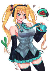 Rule 34 | 1girl, alternate costume, angry, arm support, bare shoulders, black skirt, black thighhighs, blonde hair, blue eyes, blue necktie, blush, breasts, character signature, collared shirt, commentary request, commission, cosplay, detached sleeves, dress shirt, embarrassed, feet out of frame, grey shirt, hair between eyes, hatsune miku, hatsune miku (cosplay), headphones, headset, highres, large breasts, long hair, metroid, metroid (creature), mole, necktie, nintendo, open mouth, pixiv commission, pleated skirt, samus aran, shirt, signature, skirt, sleeveless, sleeveless shirt, solo, spring onion, sweatdrop, symbol, thighhighs, twintails, vocaloid, wakaba (wata ridley), white background