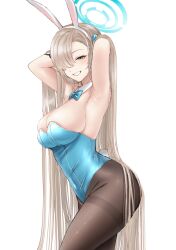 Rule 34 | 1girl, absurdly long hair, animal ears, armpits, arms up, asuna (blue archive), asuna (bunny) (blue archive), bare shoulders, blue archive, blue bow, blue bowtie, blue eyes, blue leotard, blue ribbon, blush, bow, bowtie, breasts, brown pantyhose, commentary request, cowboy shot, detached collar, fake animal ears, from side, grin, hair ribbon, hairband, halo, highres, large breasts, leotard, light brown hair, long hair, looking at viewer, looking to the side, official alternate costume, pantyhose, playboy bunny, rabbit ears, ribbon, simple background, smile, solo, standing, swept bangs, teeth, thighband pantyhose, tsukumo momo, very long hair, white background, white hairband