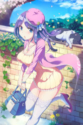 Rule 34 | 1girl, animal, bad id, bad pixiv id, bag, blue eyes, blush, breasts, cat, cleavage, collarbone, handbag, hat, high heels, highres, large breasts, long hair, looking at viewer, loup, original, parted lips, plant, potted plant, purple hair, purple hat, solo, sweater, thighhighs, tree, watch, white thighhighs, wristwatch
