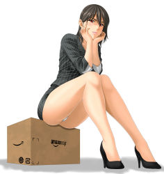Rule 34 | 1girl, amazon (company), ass, bad id, bad pixiv id, black footwear, black hair, blush, box, business suit, cardboard box, collarbone, formal, head rest, high heels, highres, legs, lips, lipstick, long hair, looking at viewer, makeup, md5 mismatch, miniskirt, muryuuin tayun, office lady, original, panties, pantyshot, pencil skirt, pinstripe pattern, pinstripe suit, red eyes, shadow, shoes, short hair, simple background, sitting, skirt, skirt suit, smile, solo, striped, suit, thighs, thong, underwear, white background, white panties