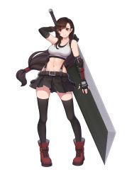 Rule 34 | 1girl, absurdres, arm guards, black hair, black skirt, black thighhighs, buster sword, crop top, final fantasy, final fantasy vii, final fantasy vii remake, fingerless gloves, full body, gloves, highres, long hair, low-tied long hair, midriff, pleated skirt, red footwear, shirt, skirt, solo, suspender skirt, suspenders, sword, tank top, taut clothes, taut shirt, thighhighs, tifa lockhart, undershirt, weapon, weapon on back, white tank top, yycaihuahua