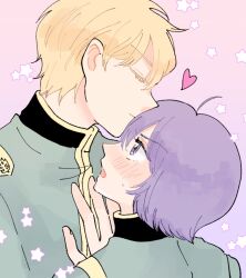 Rule 34 | 2boys, alternate eye color, blonde hair, blush, char aznable, closed eyes, closed mouth, colored eyelashes, garma zabi, gradient background, green jacket, gundam, hand on another&#039;s chest, high collar, jacket, kiss, kissing forehead, long sleeves, looking at another, male focus, meiko (hishi), mobile suit gundam the origin, multiple boys, open mouth, pink background, purple background, purple eyes, purple hair, short hair, simple background, smile, star (symbol), starry background, sweat, yaoi