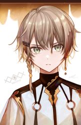 Rule 34 | 1boy, braid, brown hair, commentary request, dripping, green eyes, hair ornament, hairclip, highres, looking at viewer, male focus, multicolored hair, nixtutyannh, o-ring, original, personification, short hair, short hair with long locks, side braid, single braid, solo, streaked hair, upper body, white background