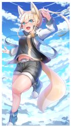 Rule 34 | 1girl, :d, animal ear fluff, animal ears, arm up, belt, belt buckle, black shirt, black shorts, blonde hair, blue eyes, blue footwear, blue sky, breasts, buckle, cloud, commentary request, day, fang, floating hair, fox ears, fox girl, fox tail, glasses, highres, jacket, kuro kosyou, long hair, long sleeves, looking at viewer, medium breasts, midriff peek, navel, open clothes, open jacket, open mouth, original, outdoors, ponytail, puffy long sleeves, puffy sleeves, shirt, shoes, short shorts, shorts, sky, smile, solo, tail, white belt, white jacket