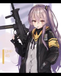 Rule 34 | 1girl, armband, black ribbon, character name, clothes writing, crossed bangs, fingerless gloves, girls&#039; frontline, gloves, grey hair, gun, h&amp;k ump, h&amp;k ump, hair between eyes, hair ornament, hand in pocket, heckler &amp; koch, holding, holding gun, holding weapon, hood, hood down, hooded jacket, jacket, letterboxed, long hair, looking at viewer, mouth hold, neck ribbon, one side up, open clothes, open jacket, ribbon, scar, scar across eye, scar on face, scarf, shirt, sidelocks, skirt, solo, submachine gun, sugar (sugar17), trigger discipline, ump45 (girls&#039; frontline), untucked shirt, weapon, white shirt, yellow eyes