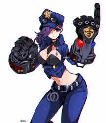 Rule 34 | 1girl, belt, between breasts, breasts, cleavage, cuffs, detached collar, eyewear on head, female focus, gauntlets, hair over one eye, handcuffs, jorin, large breasts, league of legends, long hair, midriff, navel, necktie, necktie between breasts, officer vi, police, police uniform, purple eyes, purple hair, short necktie, solo, sparkle, sunglasses, tattoo, uniform, vi (league of legends), white background, worried