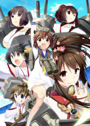 Rule 34 | 10s, 6+girls, :d, :q, ;), bare shoulders, binoculars, blue eyes, brown eyes, brown hair, cannon, dress, grin, hairband, haruna (kancolle), headset, hiei (kancolle), horns, hyuuga (kancolle), ise (kancolle), kantai collection, long hair, machinery, multiple girls, neckerchief, nontraditional miko, one eye closed, open mouth, parted lips, ponytail, short hair, smile, suzune kotora, tongue, tongue out, triangle mouth, v-shaped eyebrows, white dress, yamato (kancolle), yukikaze (kancolle)
