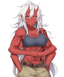 Rule 34 | 1girl, abs, absurdres, akane (existence), bare arms, belt, black tank top, breasts, closed mouth, collarbone, colored skin, dinosaurus (azimangasaurus), existence, extra arms, game cg, hair between eyes, hands in pockets, highres, horns, large breasts, long hair, looking at viewer, midriff, monster girl, muscular, muscular female, navel, oni, oni horns, orange eyes, pants, pocket, pockets, pointy ears, red skin, shirt, sidelocks, simple background, smile, solo, standing, star-shaped pupils, star (symbol), symbol-shaped pupils, tank top, tattoo, upper body, white background, white hair